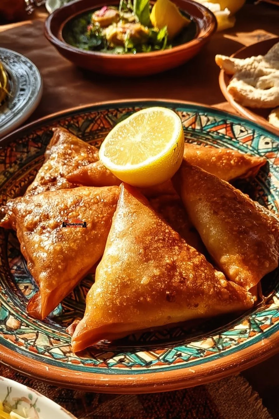 Briouates croustillantes à la viande hachée sur une assiette garnie.