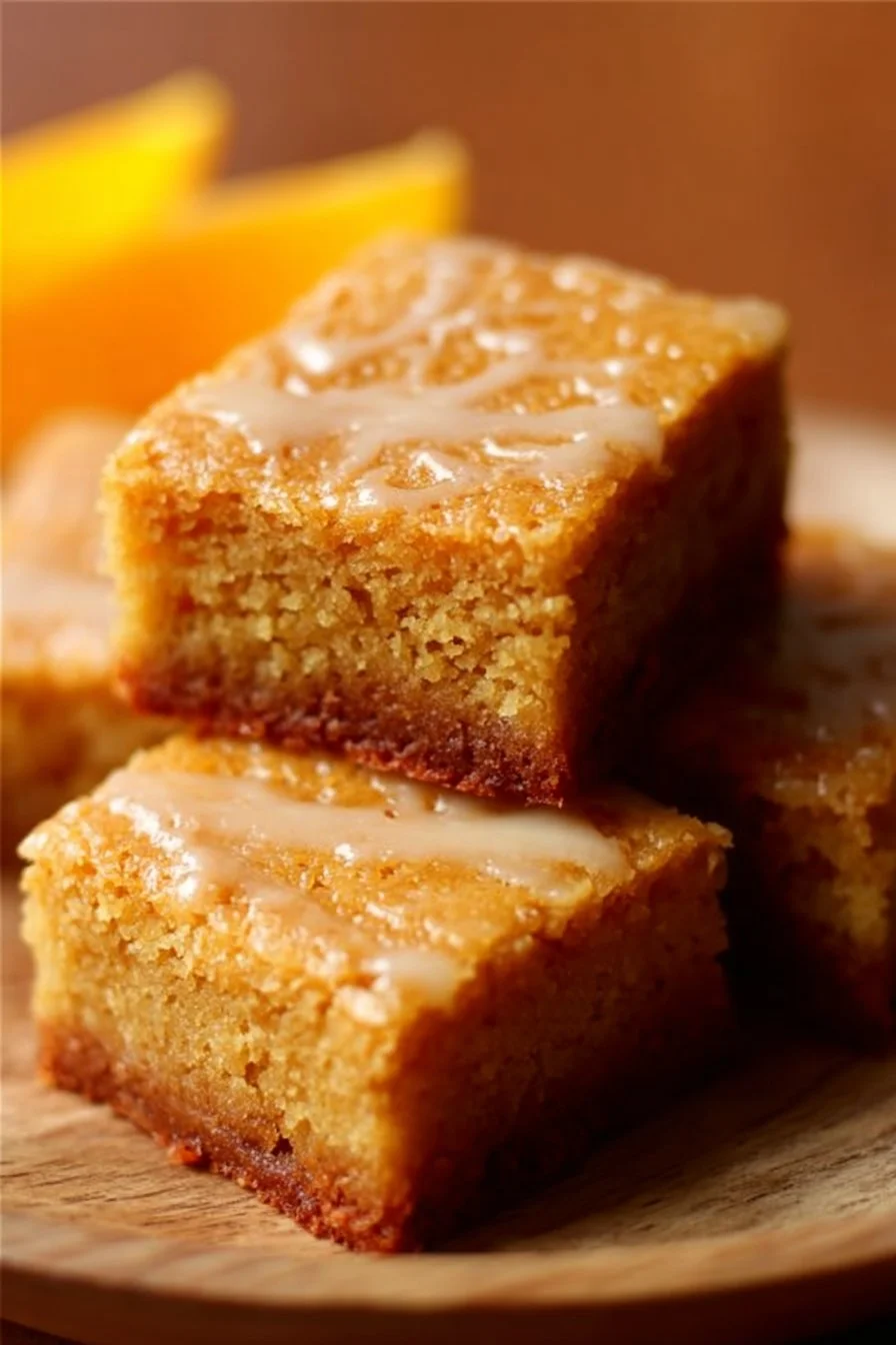 Brownies Blonds à l'Orange sur une assiette délicatement décorée