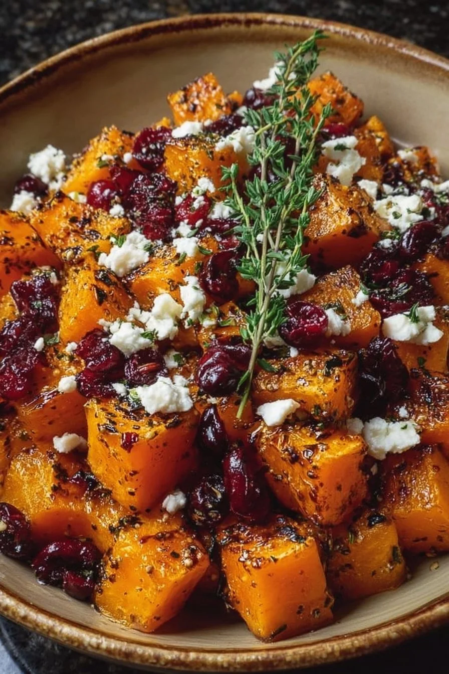 Courge musquée rôtie avec canneberges et feta sur une assiette