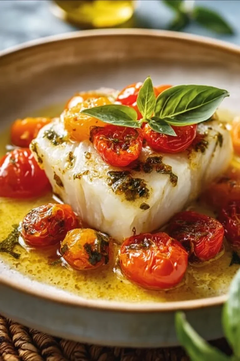 Filets de cabillaud poêlé au vin blanc accompagnés de tomates et basilic