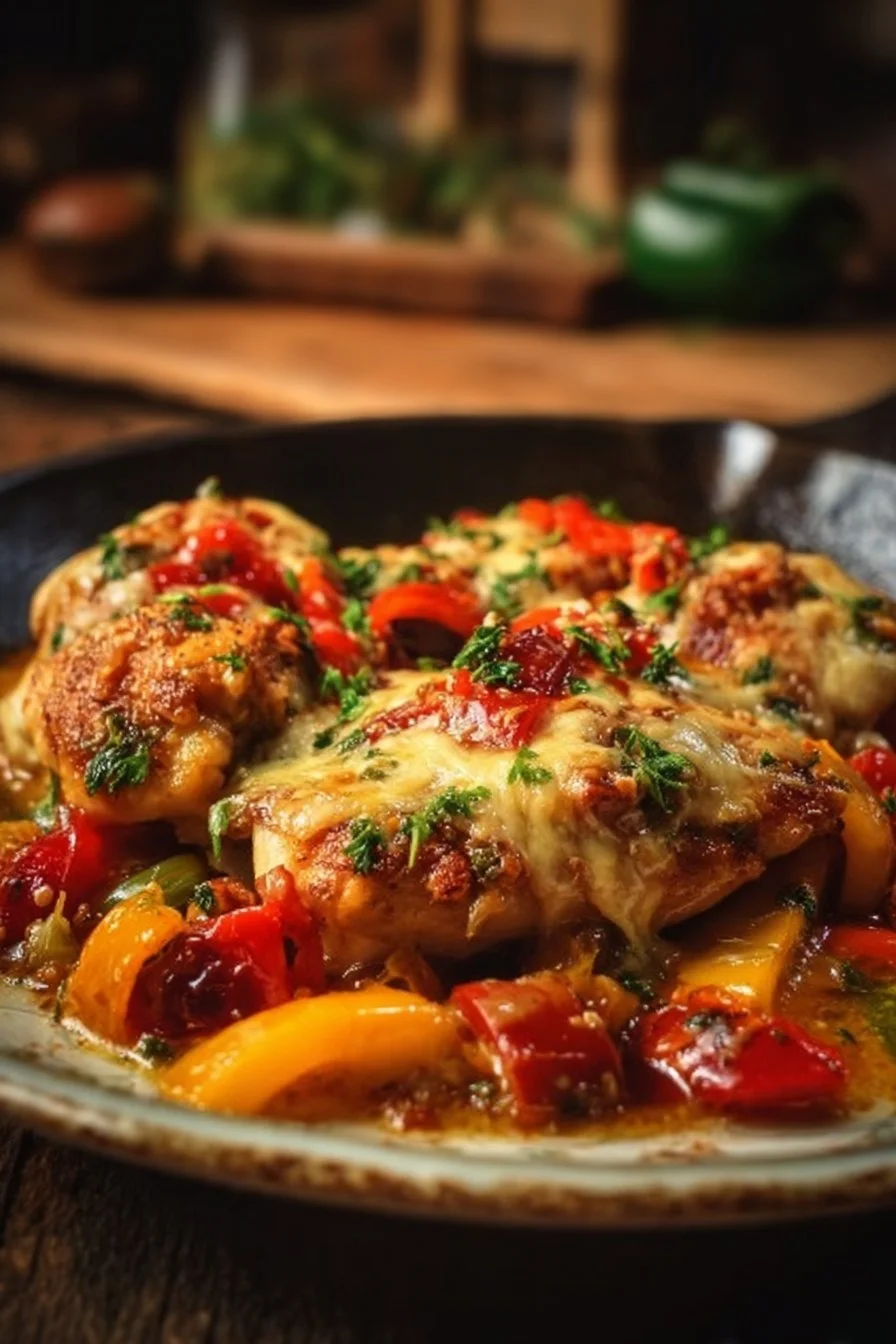 Plat de poulet aux poivrons et fromage savoureux et coloré