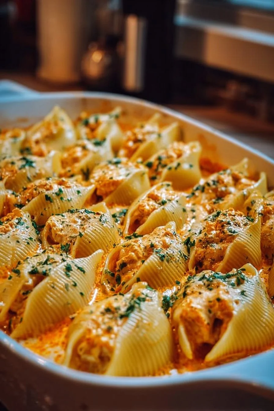 Coquilles farcies au poulet buffalo crémeuses, prêtes à déguster.