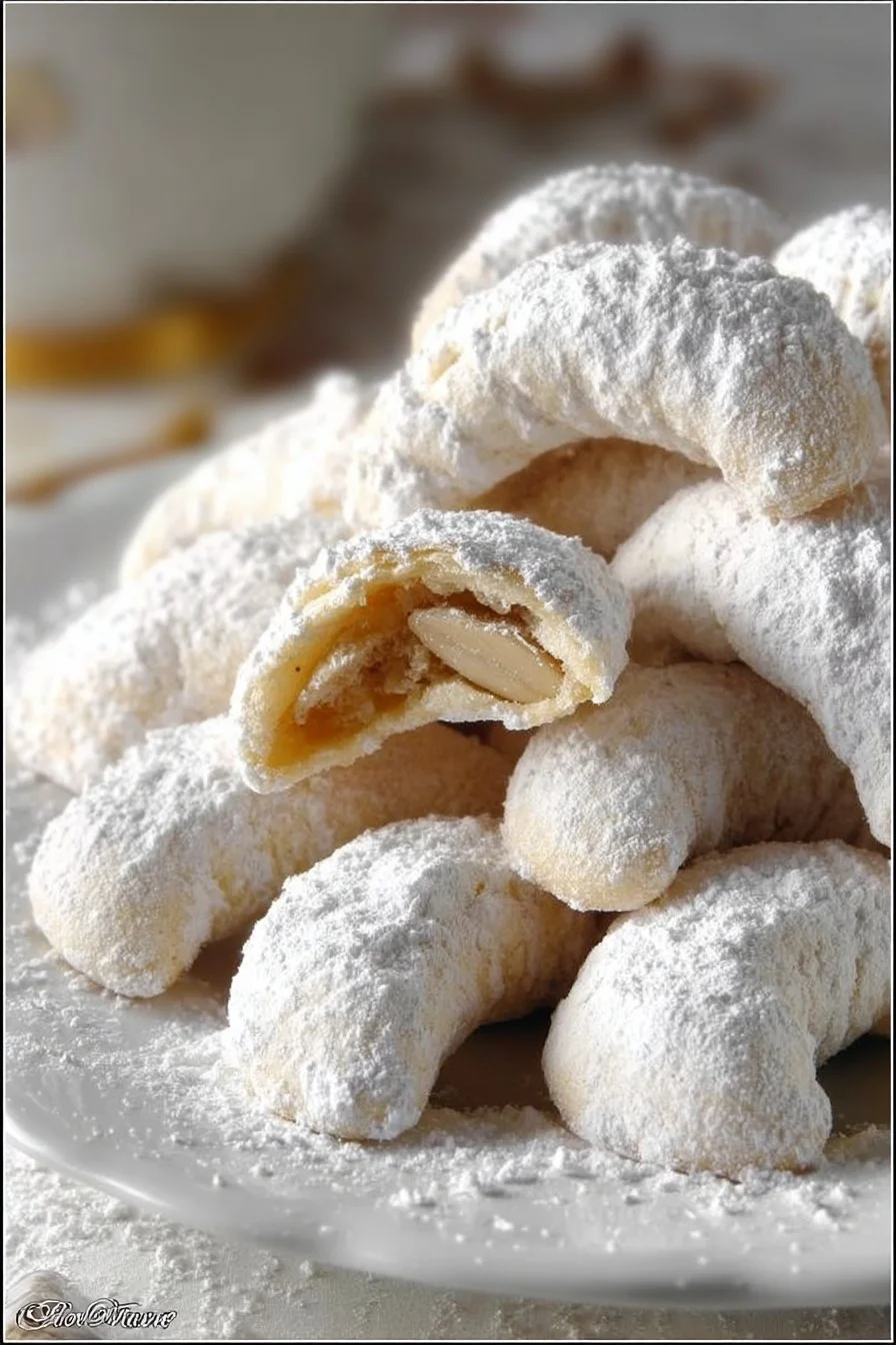 Cornes de Gazelle, pâtisserie marocaine aux amandes, servies avec du thé.