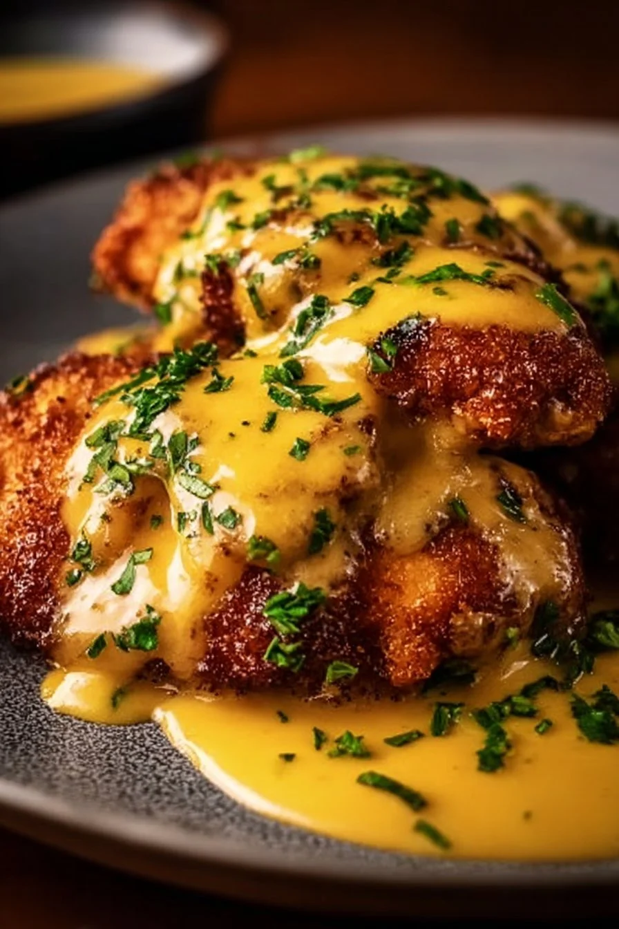 Poulet croustillant au bretzel avec sauce moutarde-fromage