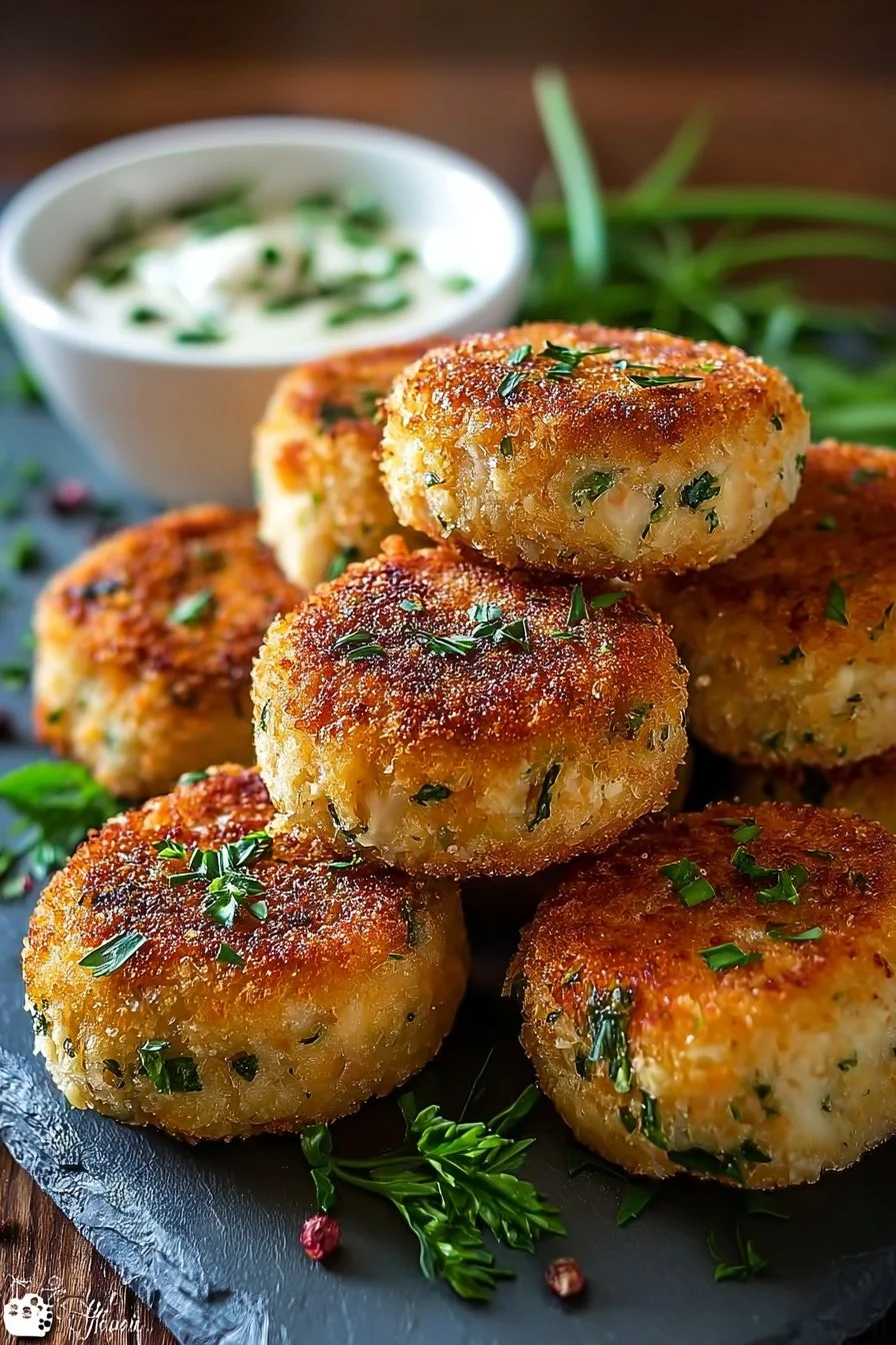 Croquettes de thon aux herbes fraîches sur une assiette garnie d'herbes