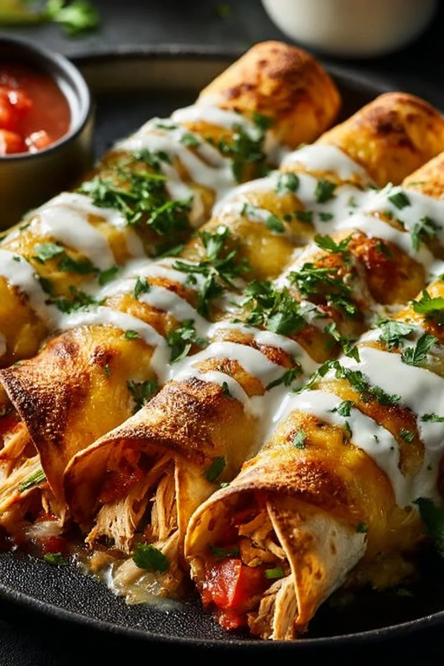 Croustillants taquitos au poulet servis avec des sauces garnies