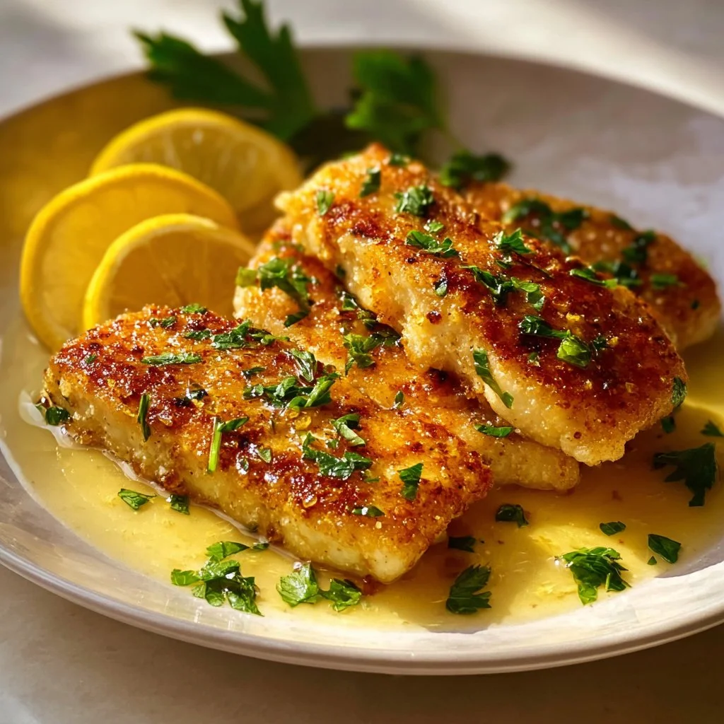 Escalope de poulet à la sauce au citron servie avec des légumes frais