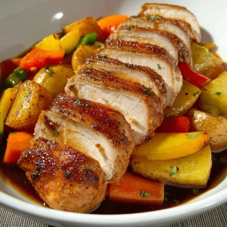 Filet mignon de porc servi avec des légumes colorés et frais.