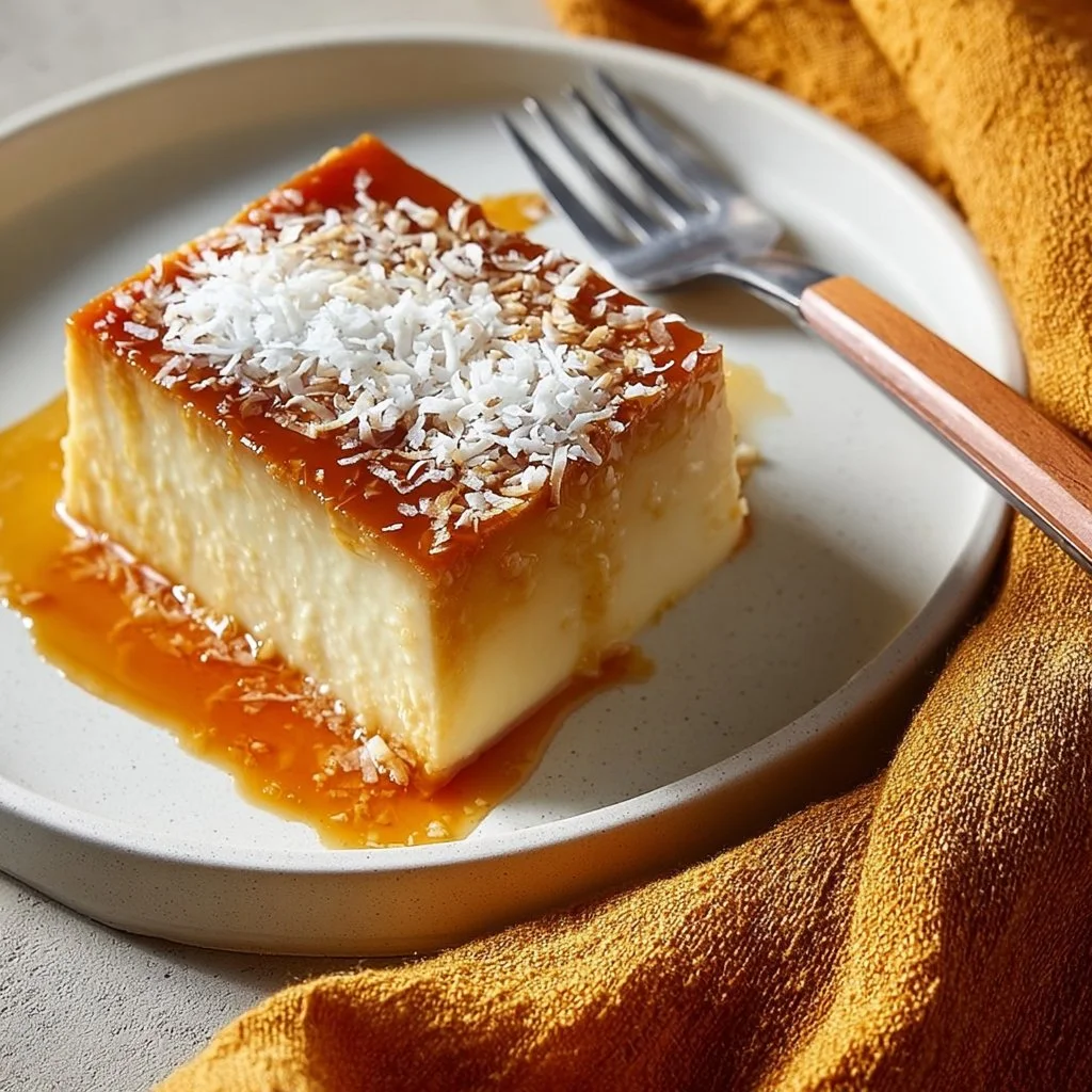 Flan au Coco Classique servie dans un bol blanc avec des copeaux de noix de coco