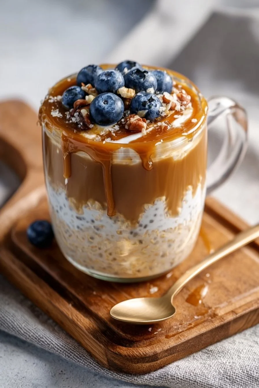 Flocons d'avoine nocturne Caramel Macchiato garnis de crème et de caramel