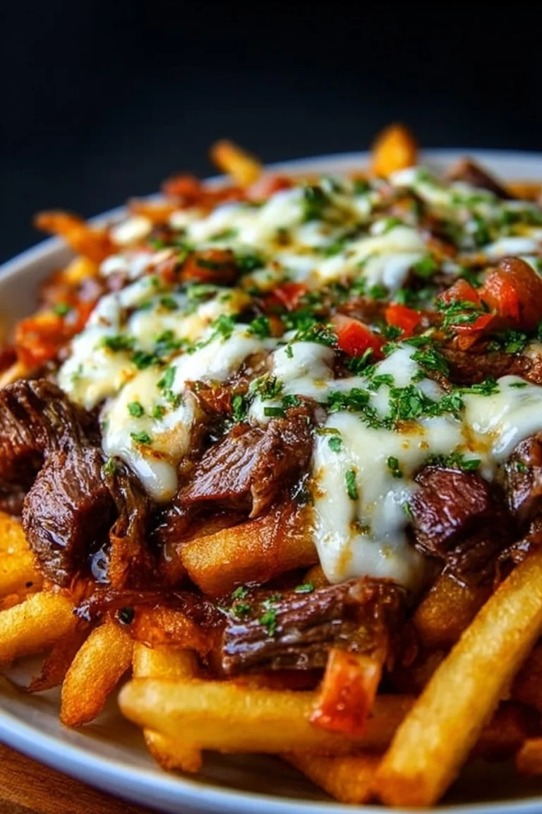 Frites au fromage servies avec un steak juteux dans un plat savoureux.