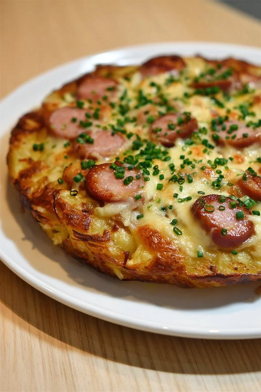 Galette au fromage et saucisses servie avec une garniture colorée.