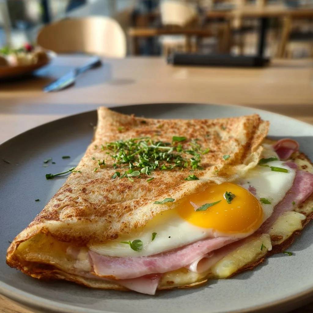 Galette Bretonne Complète servie avec jambon, œuf et fromage, plat français traditionnel