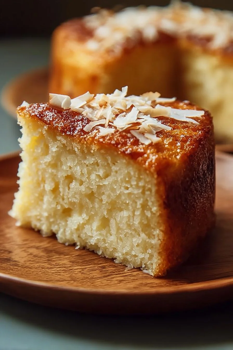 Gâteau au Yaourt Grec moelleux et savoureux sur une table en bois.