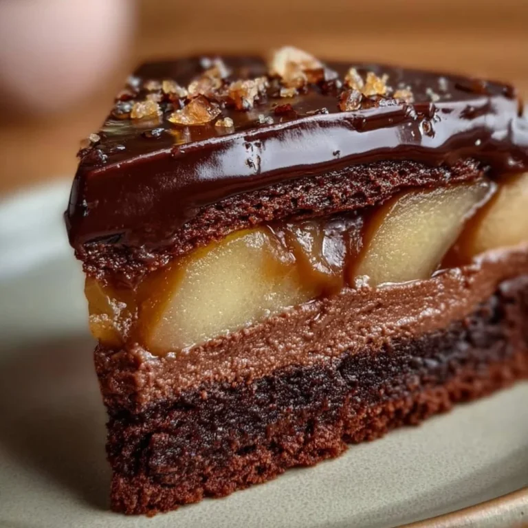 Gâteau Chocolat-Poire crousti-fondant sur une assiette, prêt à être dégusté.