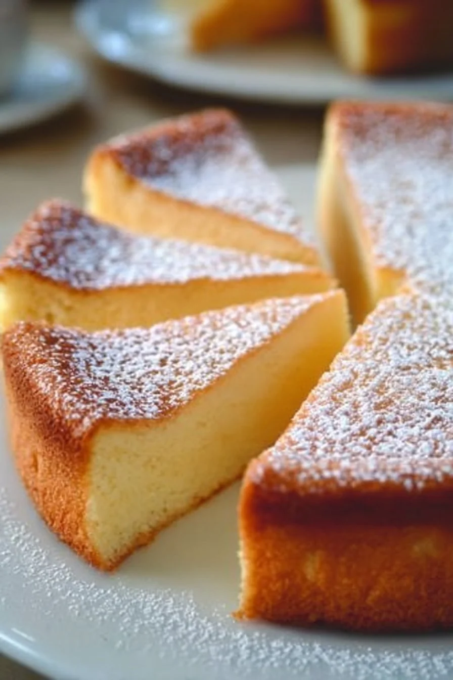 Une part de gâteau magique à la vanille sur une assiette décorée