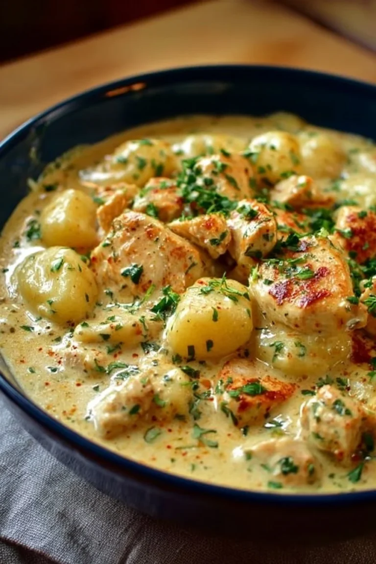 Gnocchis crémeux au poulet garnis d'herbes fraîches dans une assiette