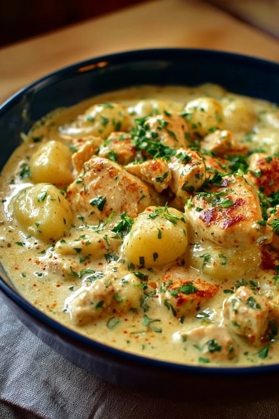 Gnocchis crémeux au poulet garnis d'herbes fraîches dans une assiette