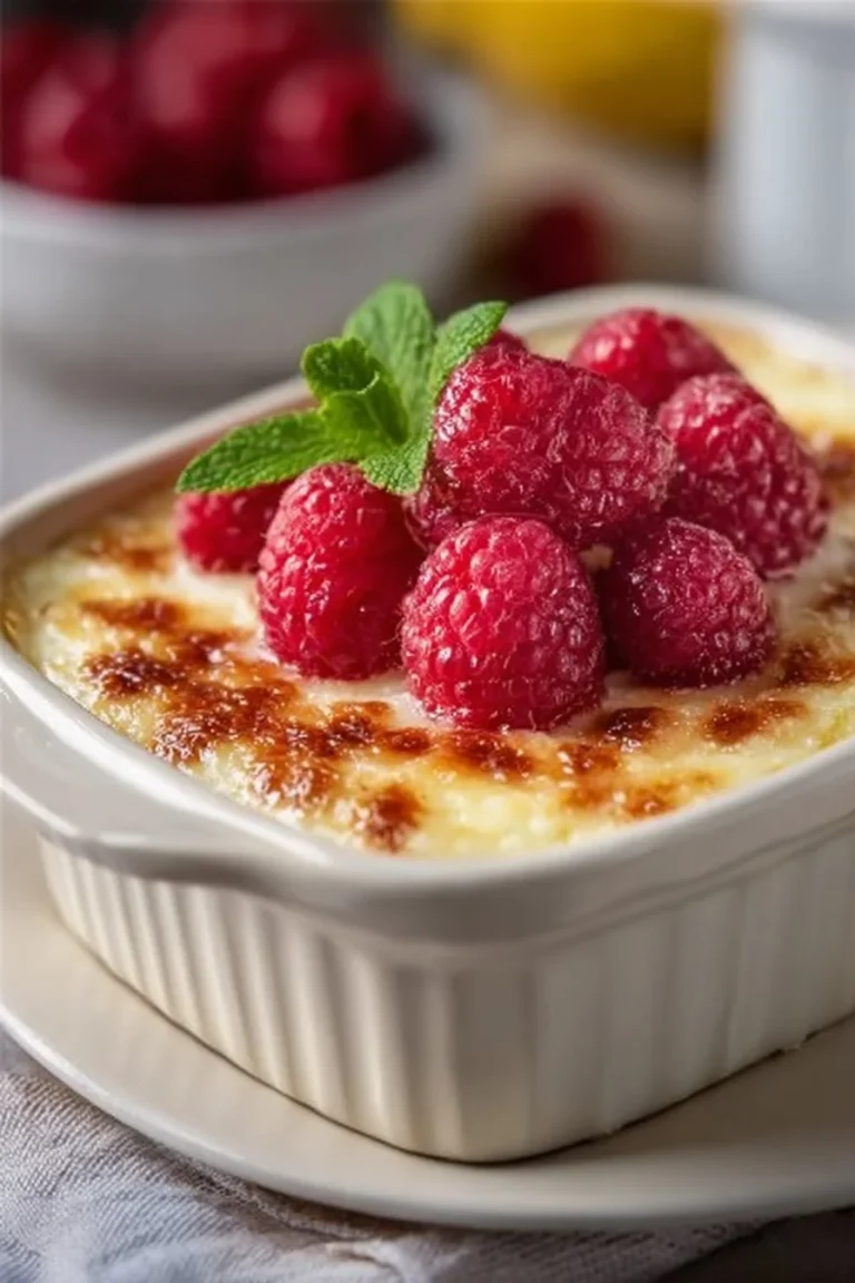 Gratin citron-framboises crémeux servi dans un plat élégant