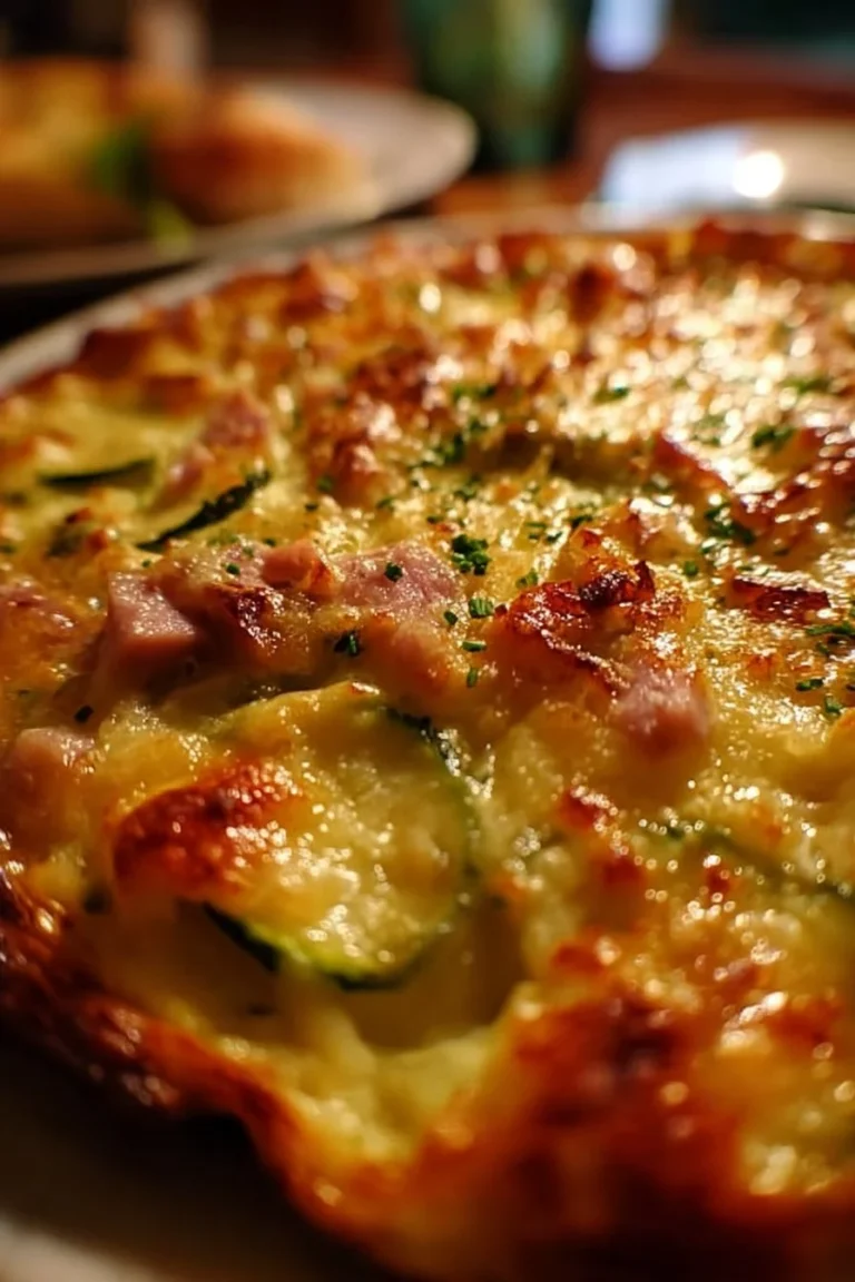 Gratin de Courgettes avec Jambon et Riz, un délice familial dans un plat savoureux.