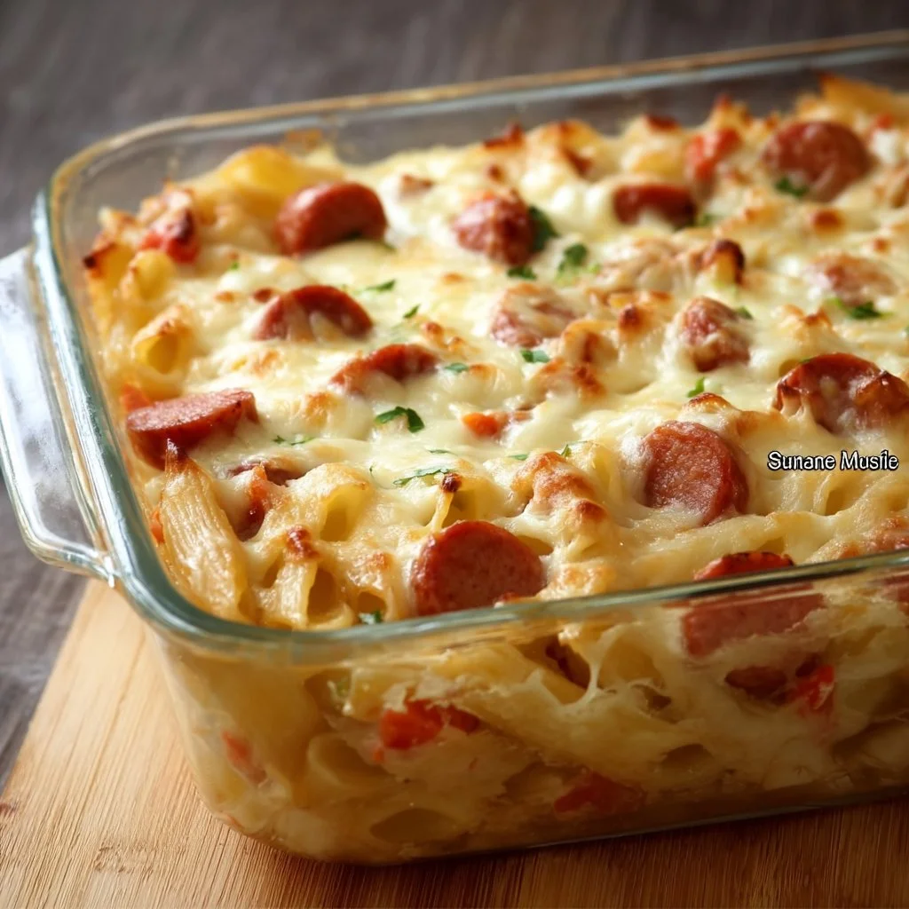 Gratin de penne aux knackis, une casserole savoureuse de pâtes faciles à préparer