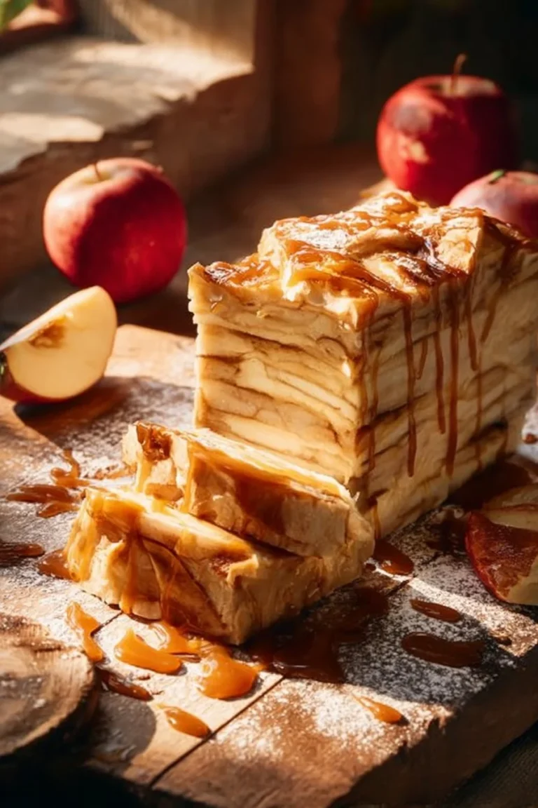 Gâteau aux pommes invisible, léger et savoureux, prêt à être dégusté.