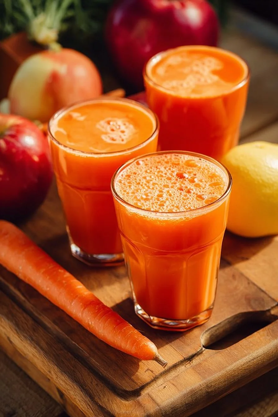 Jus vitaminé aux pommes, carottes et gingembre dans un verre
