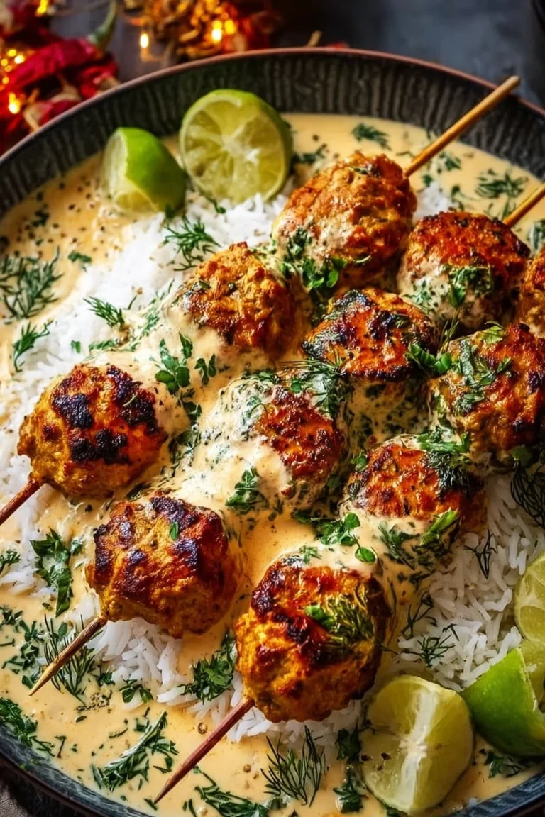 Koftas de poulet juteux avec sauce yaourt à l'ail sur une assiette