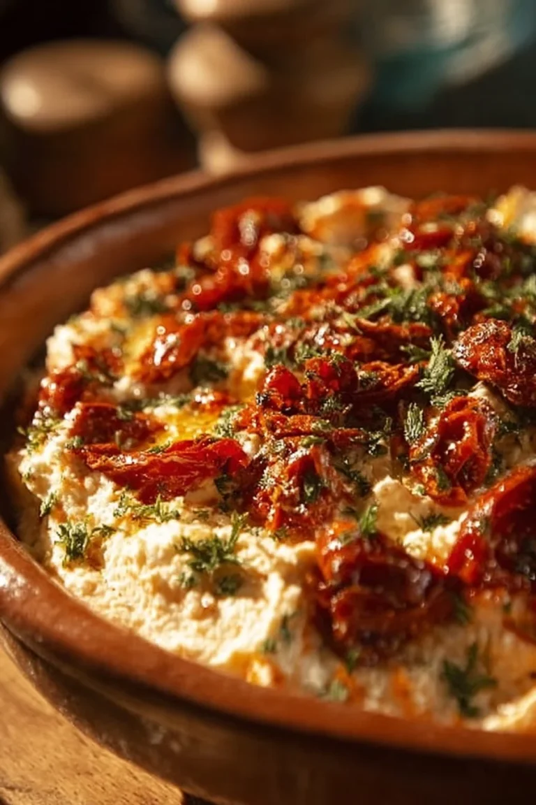 Plat de Ktipiti avec des tartines grecques et des poivrons rouges en arrière-plan.