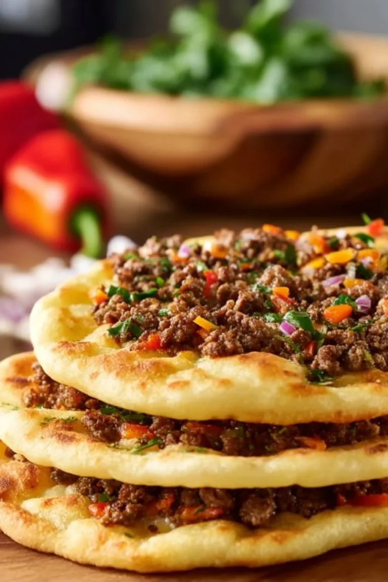 Lahmacun, la pizza turque garnie de viande épicée et de légumes frais.
