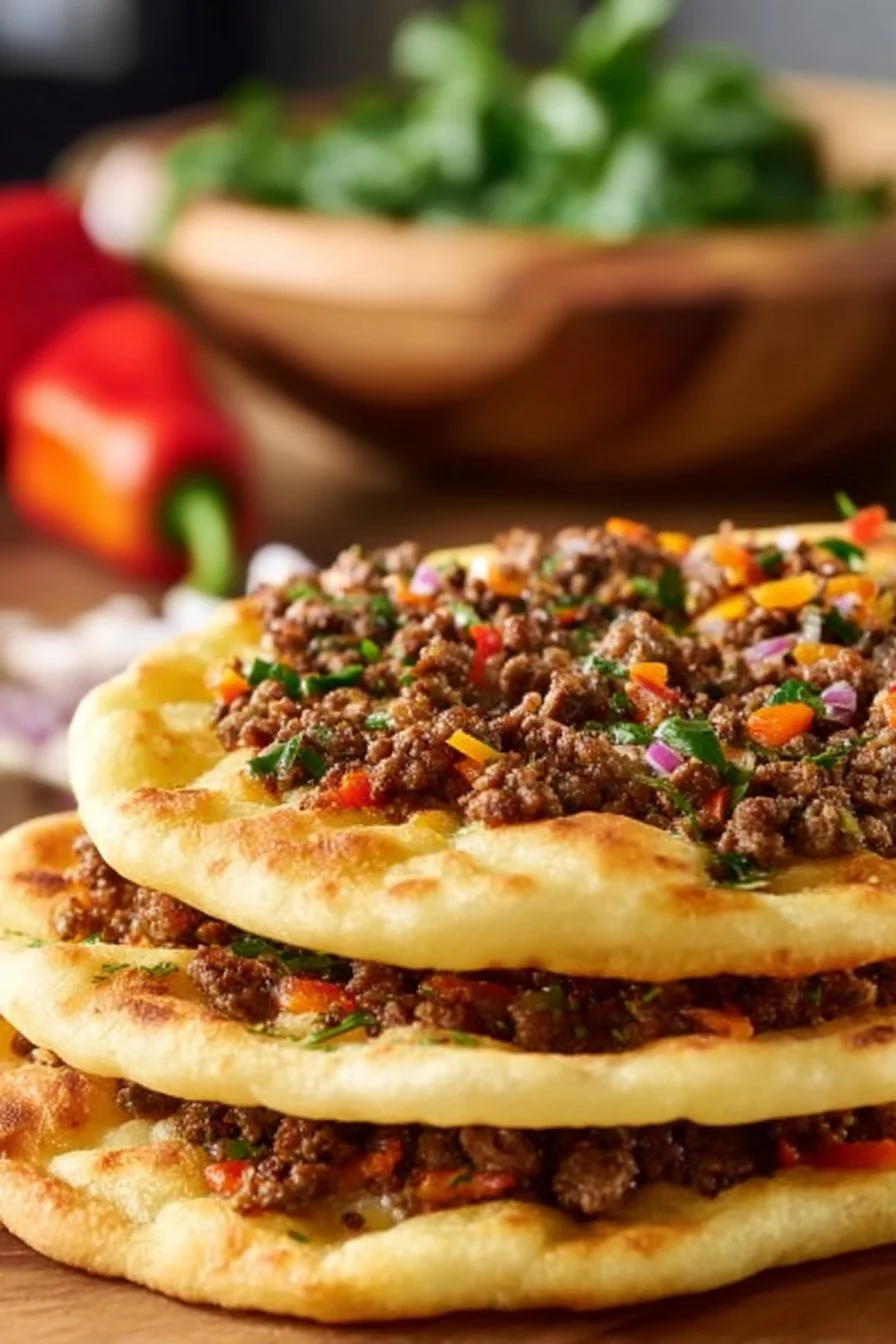 Lahmacun, la pizza turque garnie de viande épicée et de légumes frais.