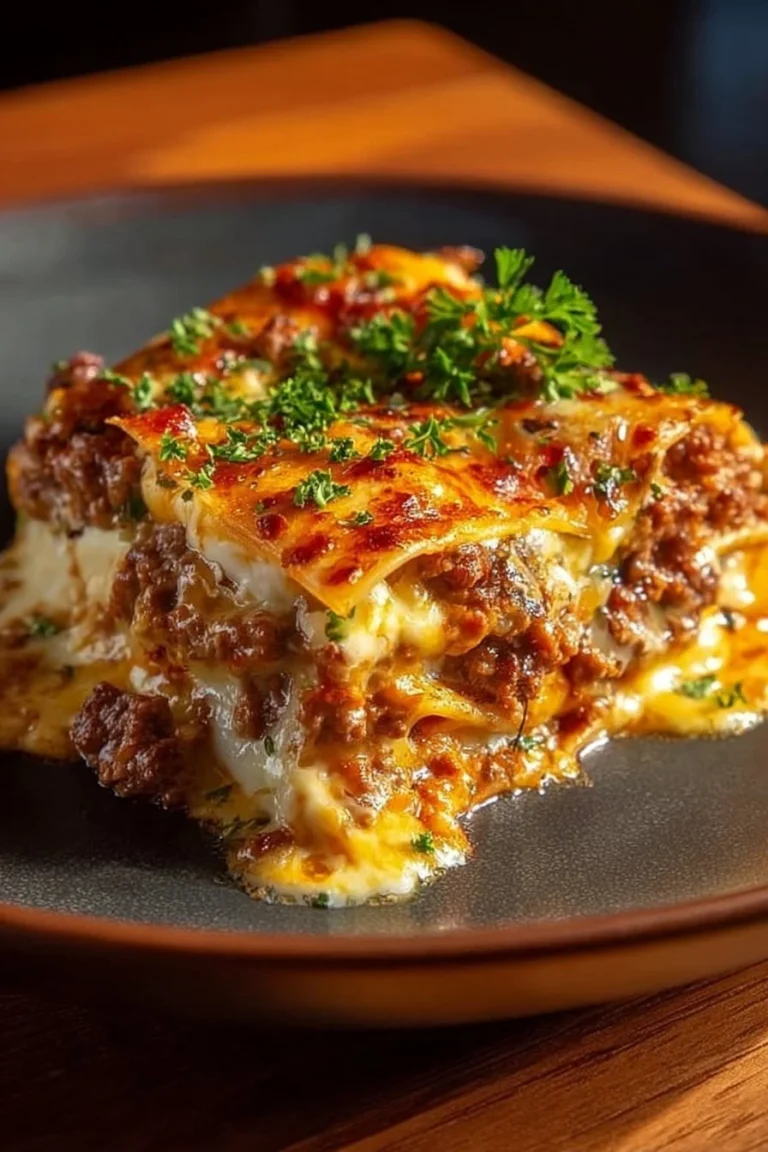 Lasagne cheeseburger savoureuse avec viande hachée et fromage fondu.