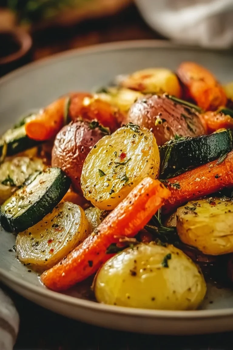 Plat de légumes rôtis aux herbes, colorés et appétissants.