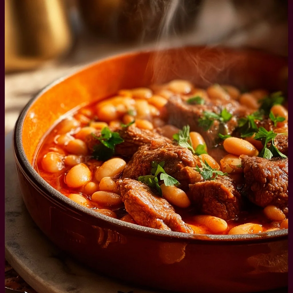 Plat de Loubia Traditionnelle avec viande et haricots, recette savoureuse pour le dîner.