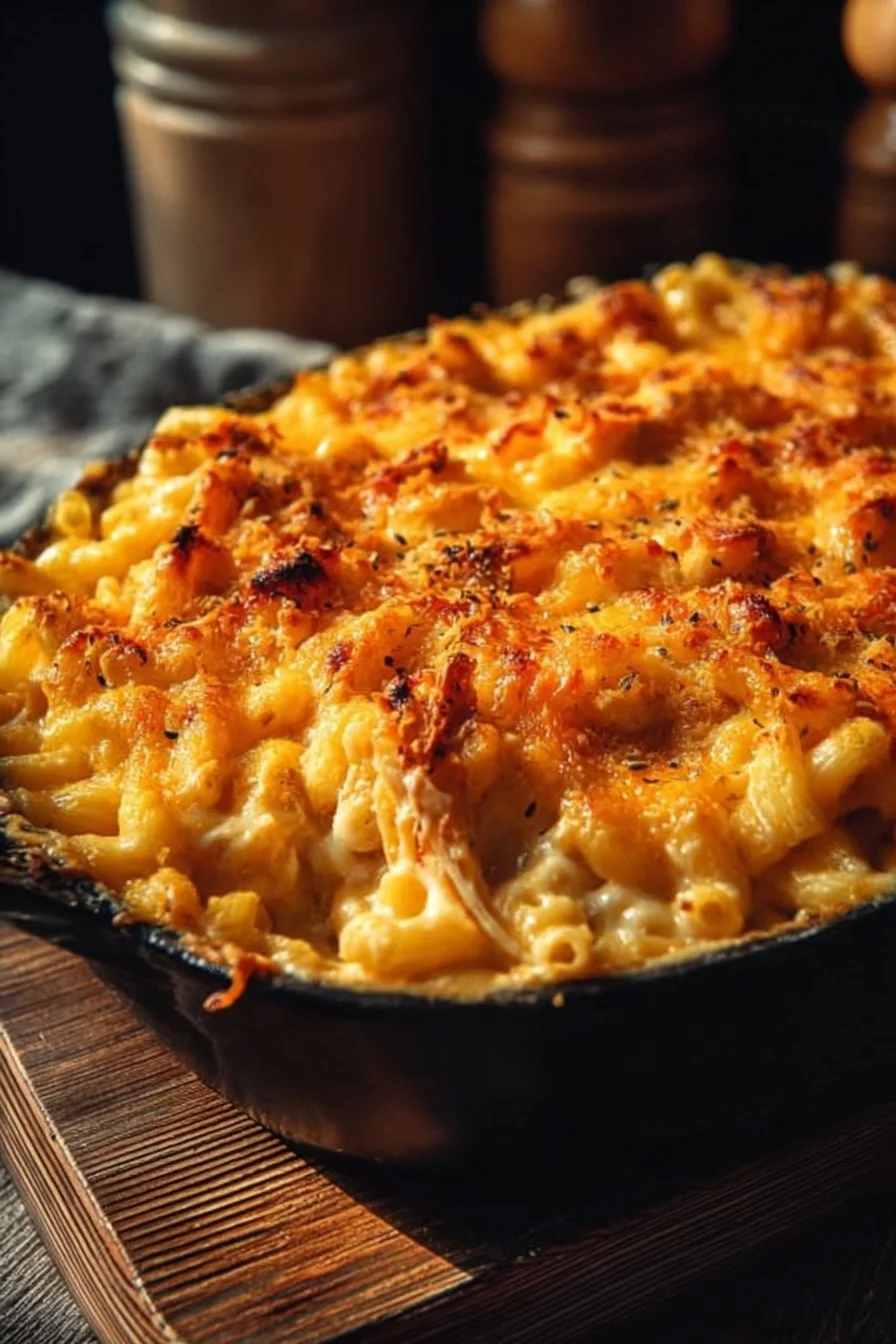 Macaroni au fromage avec poulet buffalo servi dans un plat en céramique.