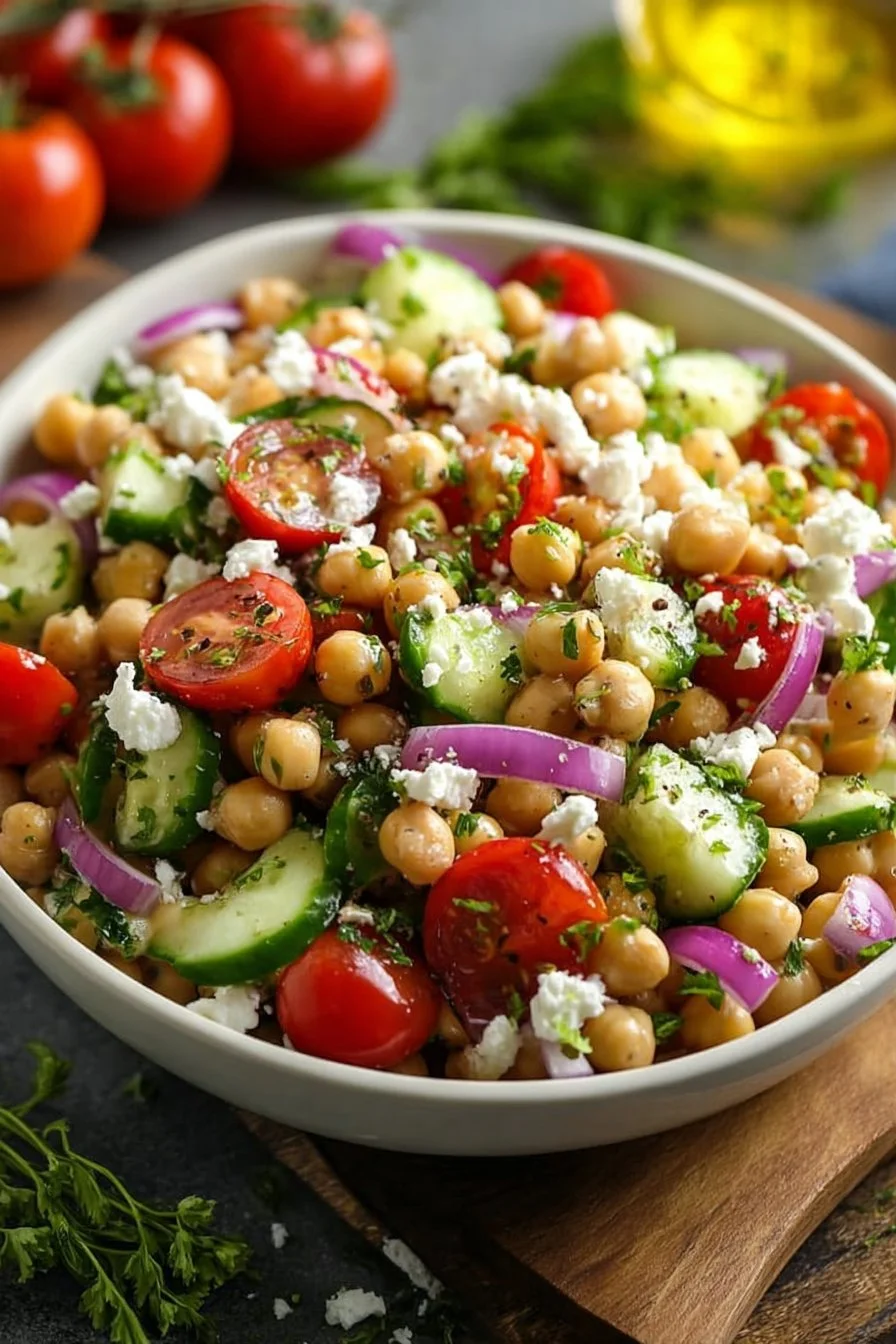 Salade méditerranéenne aux pois chiches et feta dans un bol coloré