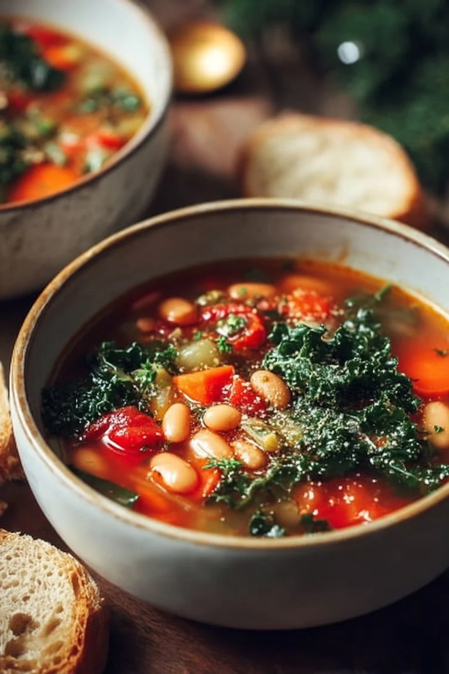 Soupe minestrone d'hiver garnie de légumes frais et de pâtes.