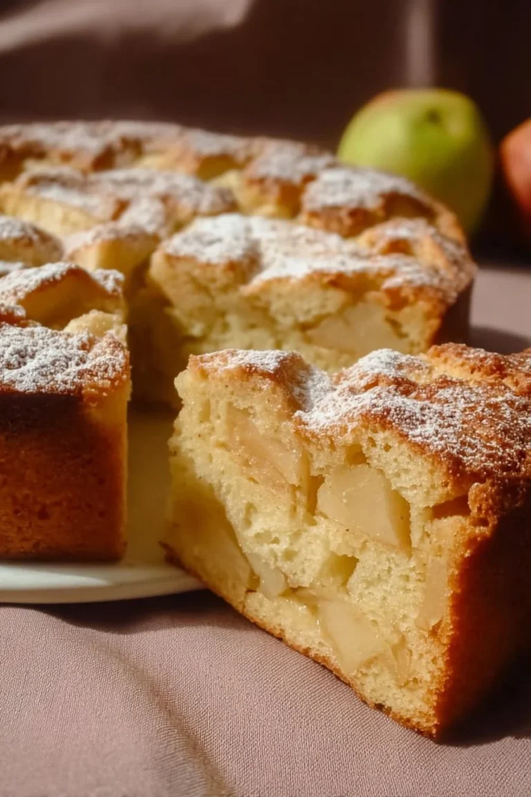 Moelleux aux pommes façon grand-mère sur une table en bois, dessert maison