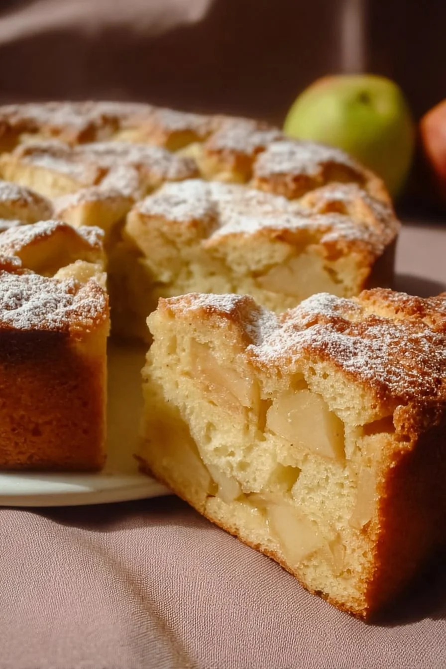 Moelleux aux pommes façon grand-mère sur une table en bois, dessert maison