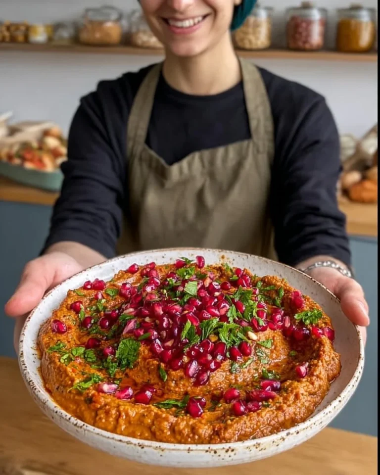 Tartinade muhammara faite avec poivrons, noix, ail et épices, servie avec pain pita.