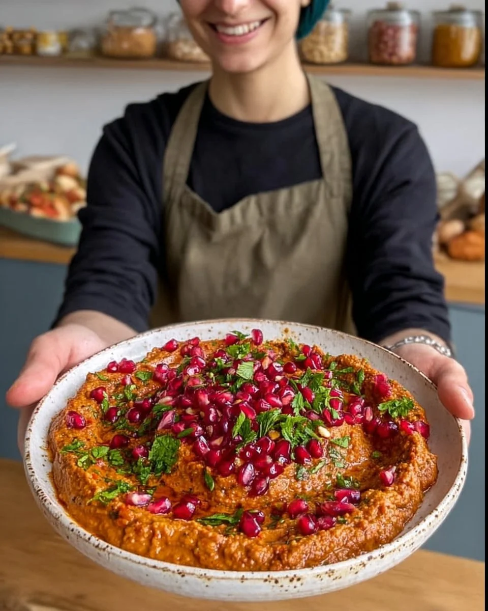 Tartinade muhammara faite avec poivrons, noix, ail et épices, servie avec pain pita.