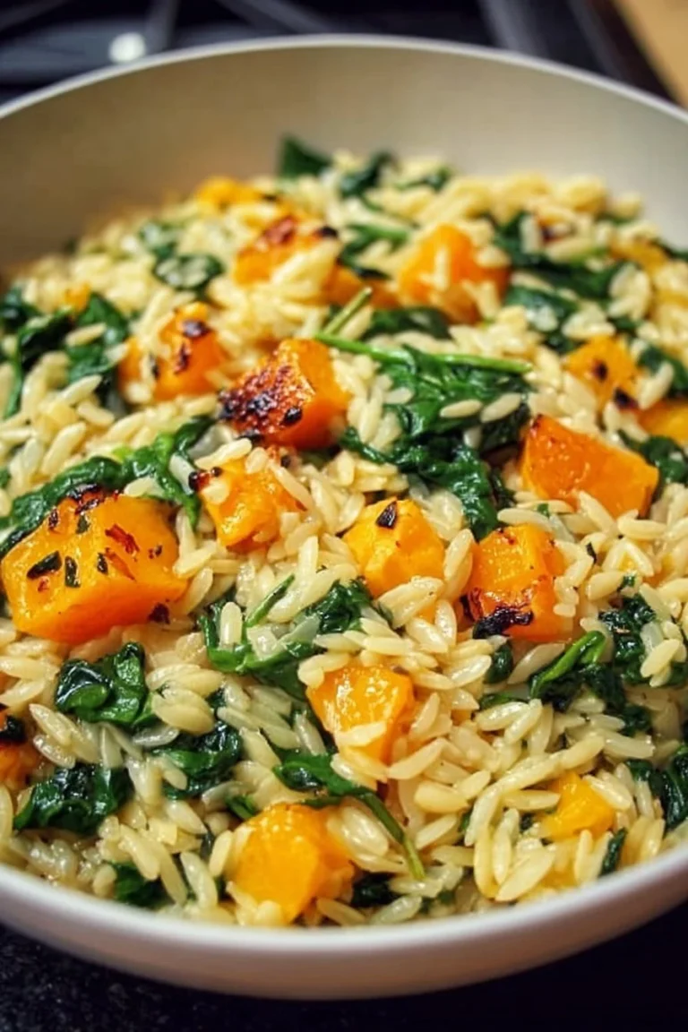 Plat d'orzo crémeux aux butternuts et épinards délicieusement présenté