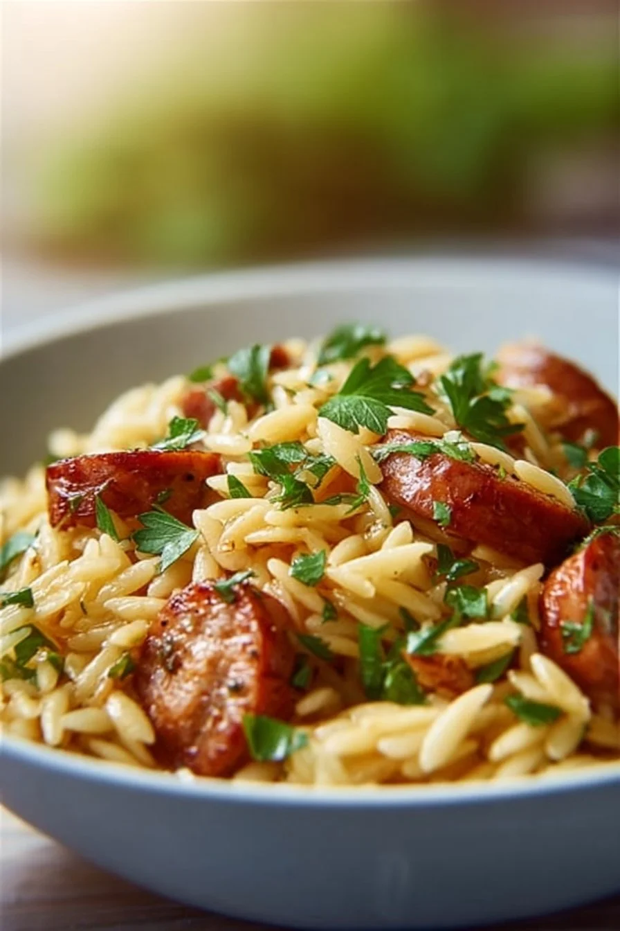Plat d'orzo aux saucisses, beurre et ail prêt à déguster.