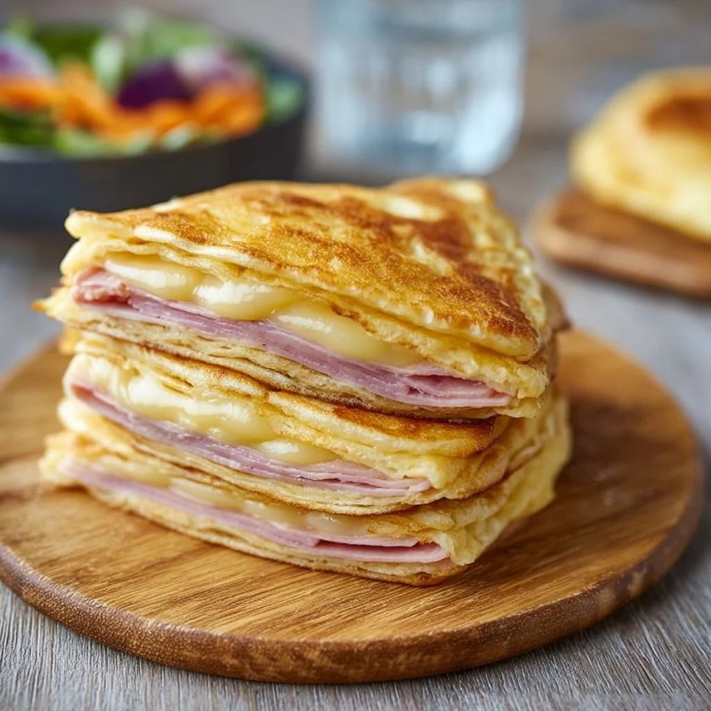 Pancakes salés au jambon et gruyère servis avec une garniture appétissante