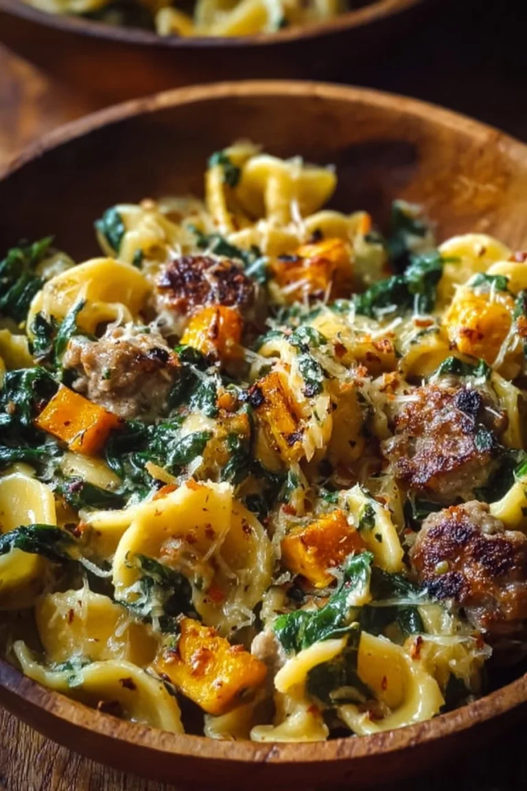 Pasta crémeuse au butternut rôti, saucisse et épinards dans un plat savoureux.