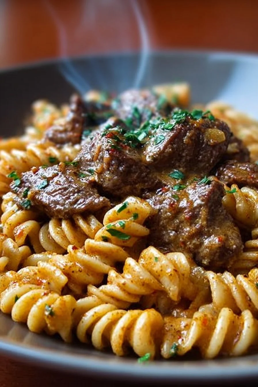 Pasta avec steak crémeux et épicé, un plat délicieux et savoureux.