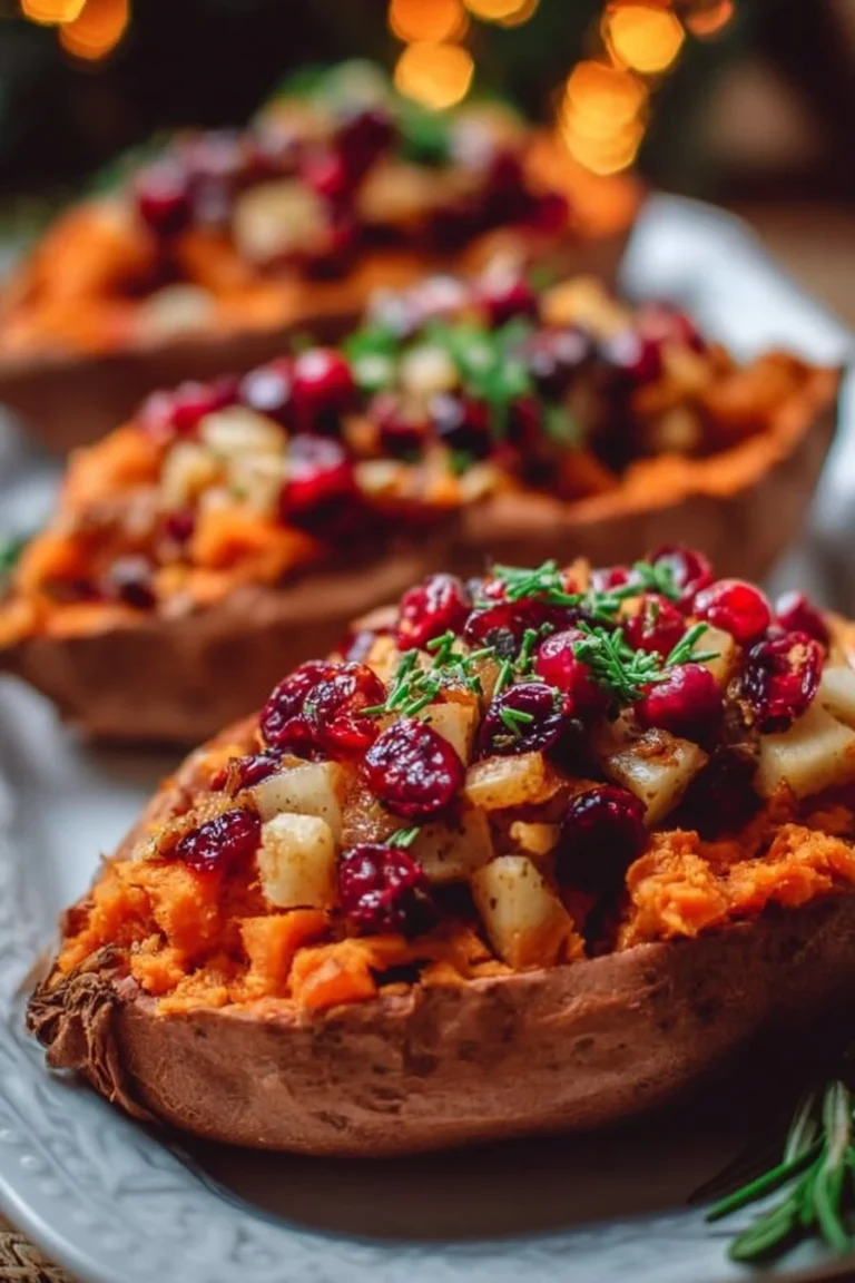 Patates douces farcies aux canneberges et pommes, plat savoureux et réconfortant.