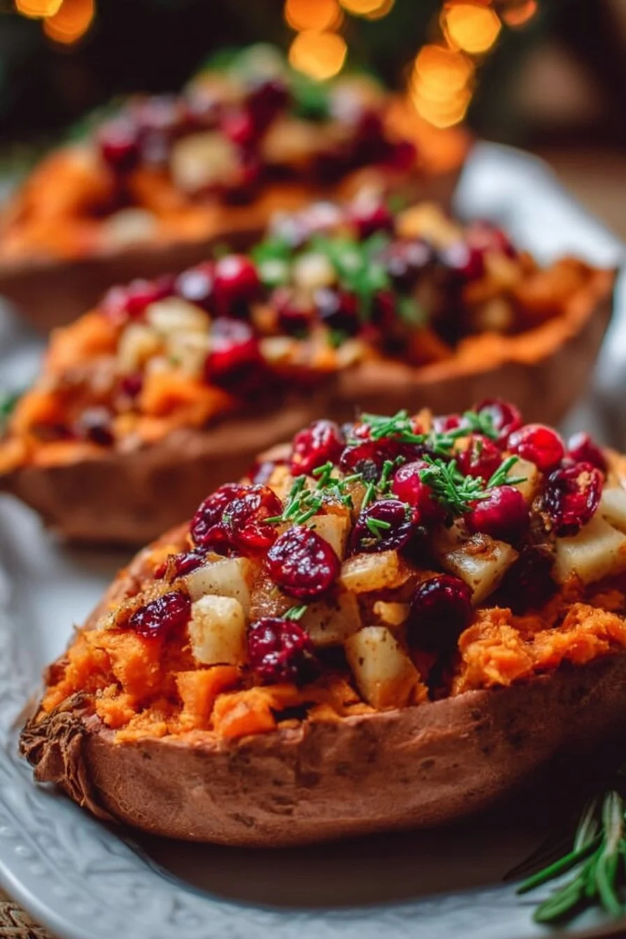 Patates douces farcies aux canneberges et pommes, plat savoureux et réconfortant.