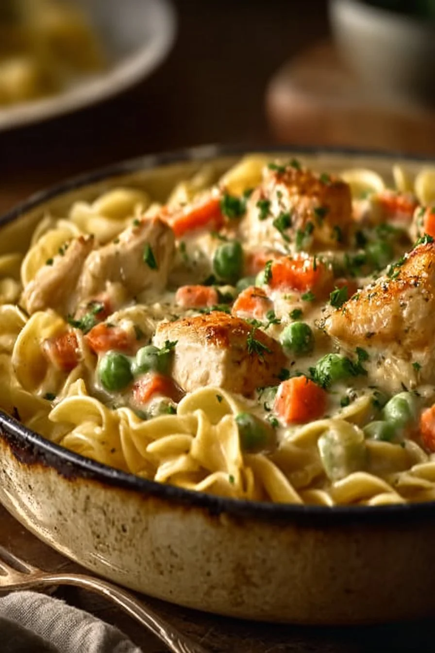 Pâtes crémeuses au poulet façon Pot Pie, délicieuses et réconfortantes.