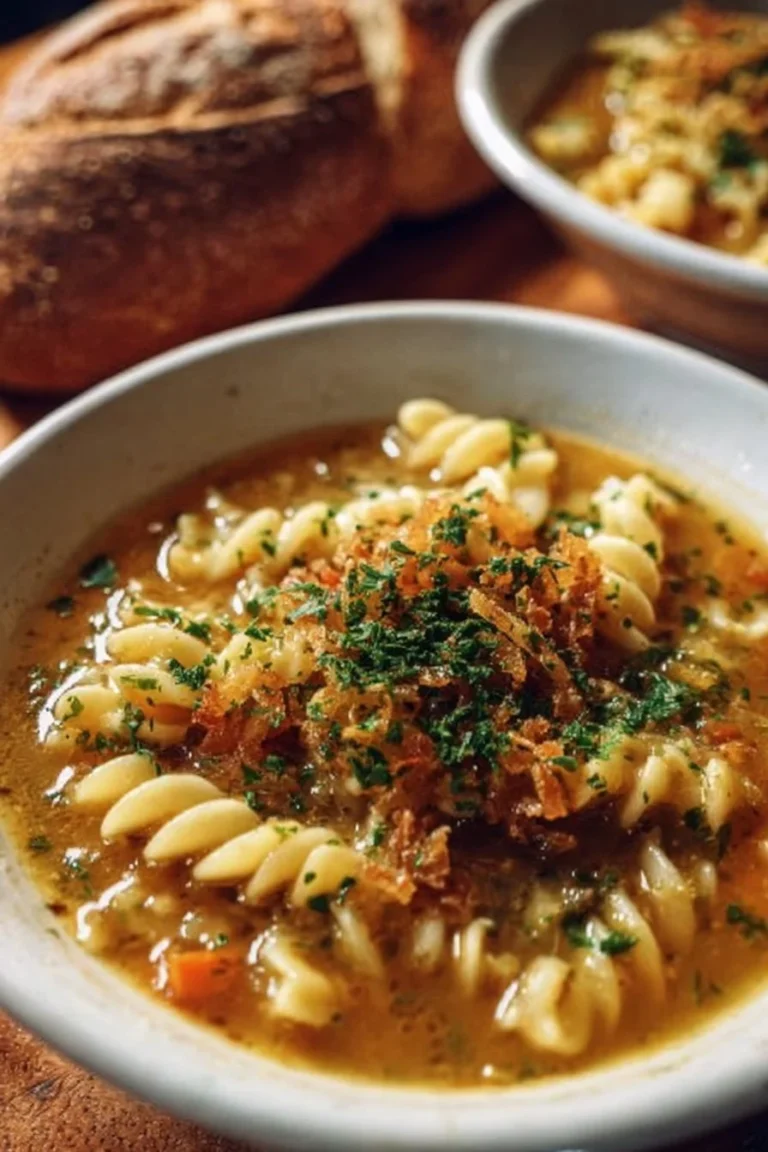 Bol de pâtes inspirées de la soupe à l'oignon française
